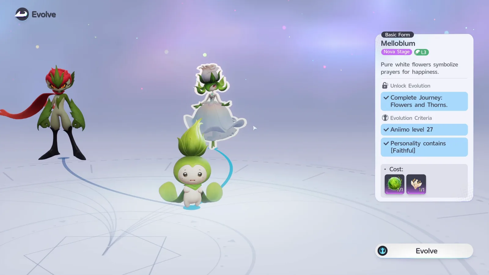 Aniimo Evolve screen from Budsquire to Melloblum, Nova Stage, requiring Complete Journey: Flowers and Thorns, Aniimo level 27, Personality contains Faithful, and two costs