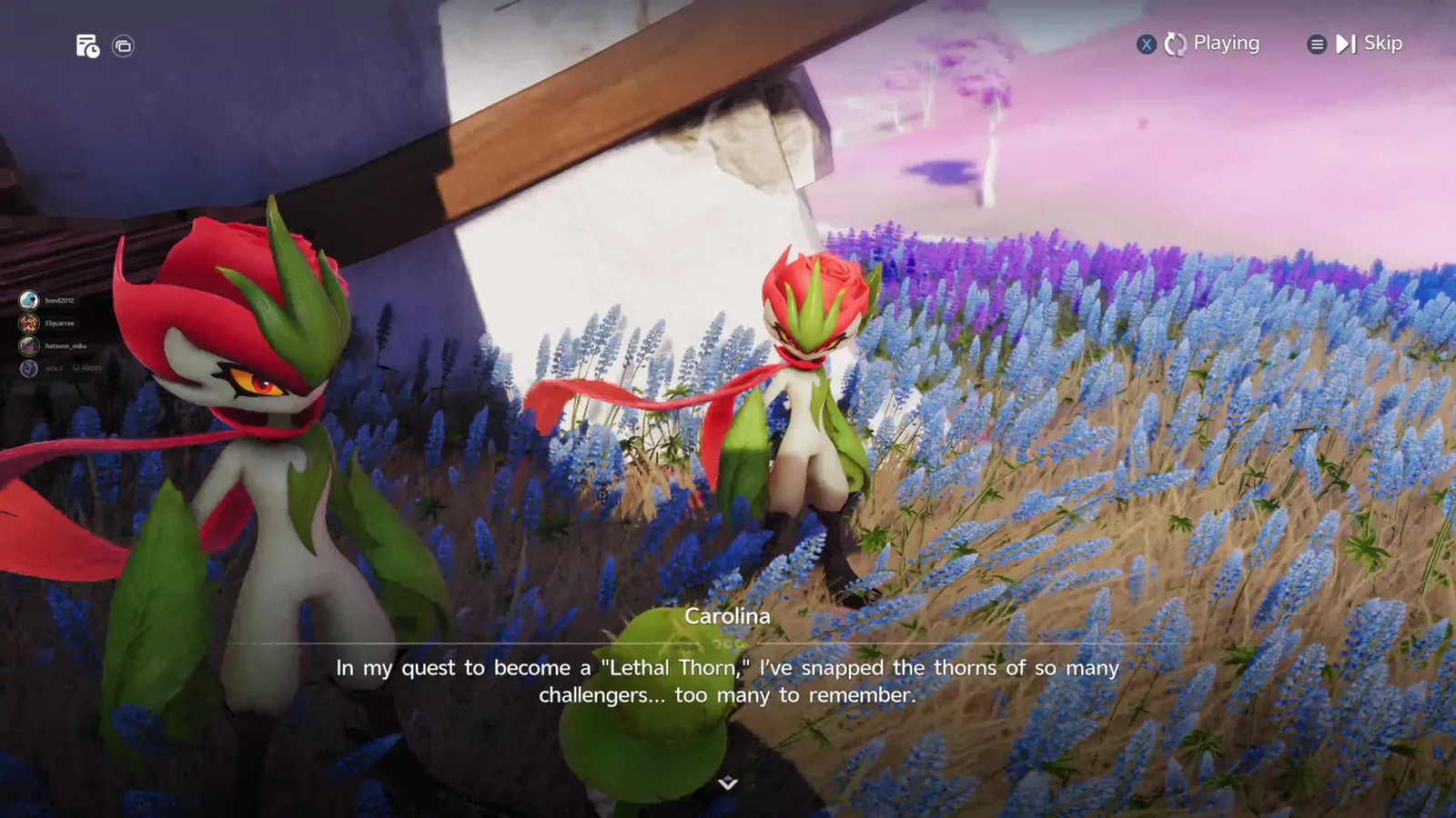 Aniimo Lethal Thorn Carolina, a red rose Thornblade with a scarf by the windmill in the Sea of Flowers, saying she has snapped the thorns of too many challengers to remember