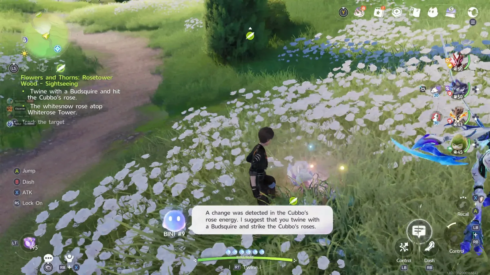 Aniimo player beside a Cubbo’s rose in a white flower field near Whiterose Tower, with the hint to twine with a Budsquire and strike the Cubbo’s roses