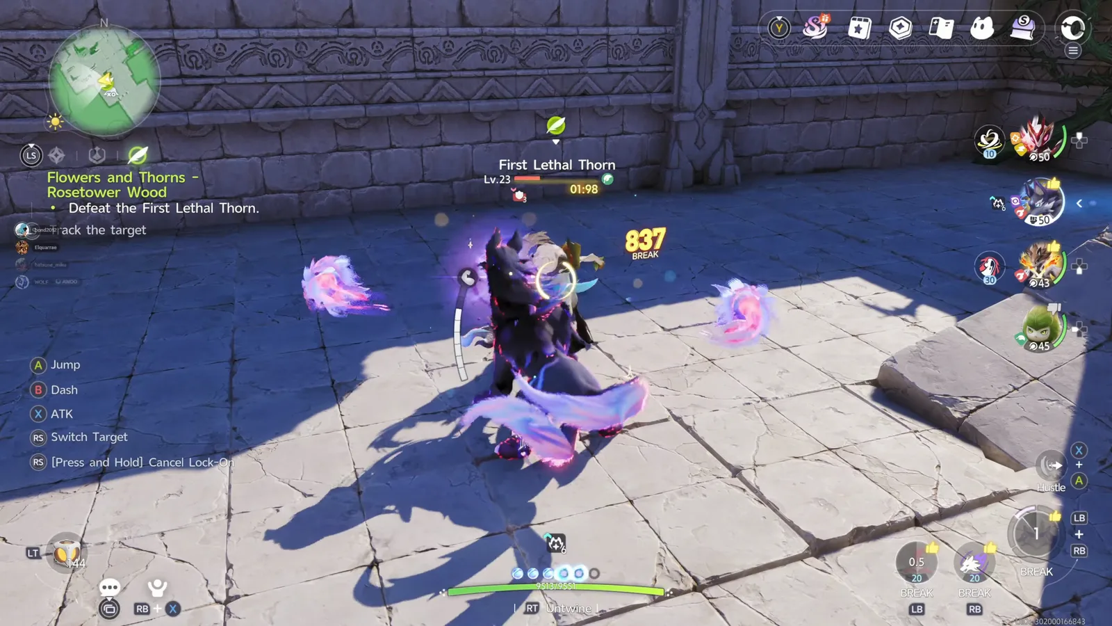 Aniimo fight against the First Lethal Thorn, Lv.23, in the Maze of Thorns with the objective Defeat the First Lethal Thorn and a BREAK hit of 837