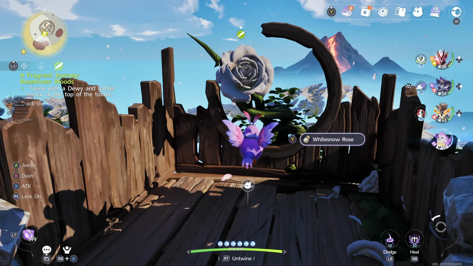 Aniimo player twined as a purple Dewy on the wooden top of Whiterose Tower beside the giant whitesnow rose, with a Whitesnow Rose interaction prompt