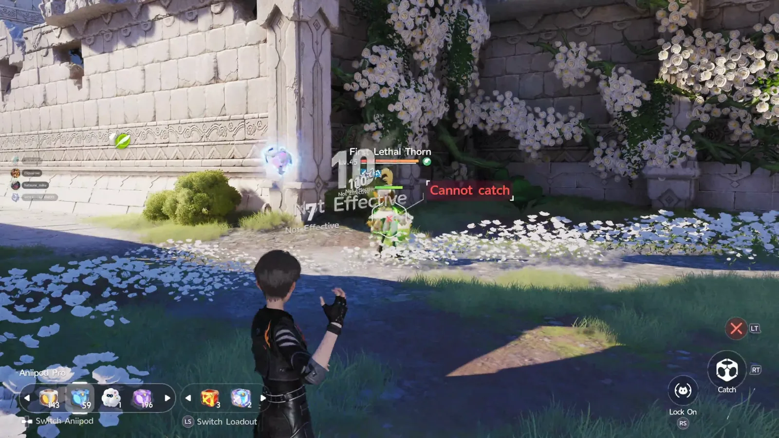 Aniimo First Lethal Thorn, Lv.45, in the flowering Maze of Thorns after the quest, with a red Cannot catch message over him