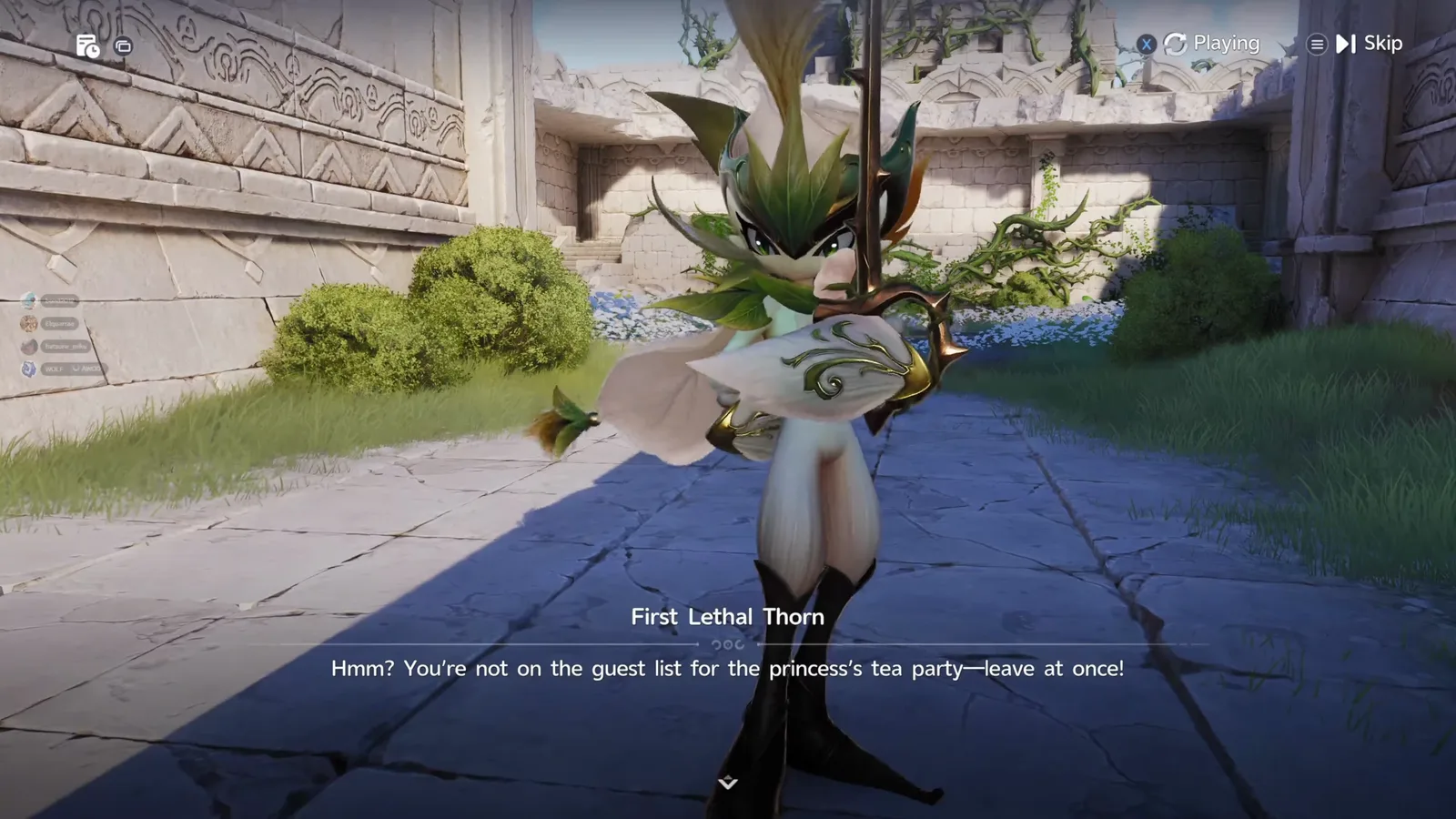 Aniimo First Lethal Thorn, a white and gold Thornblade with a plumed helmet, telling the Pathfinder they are not on the guest list for the princess’s tea party