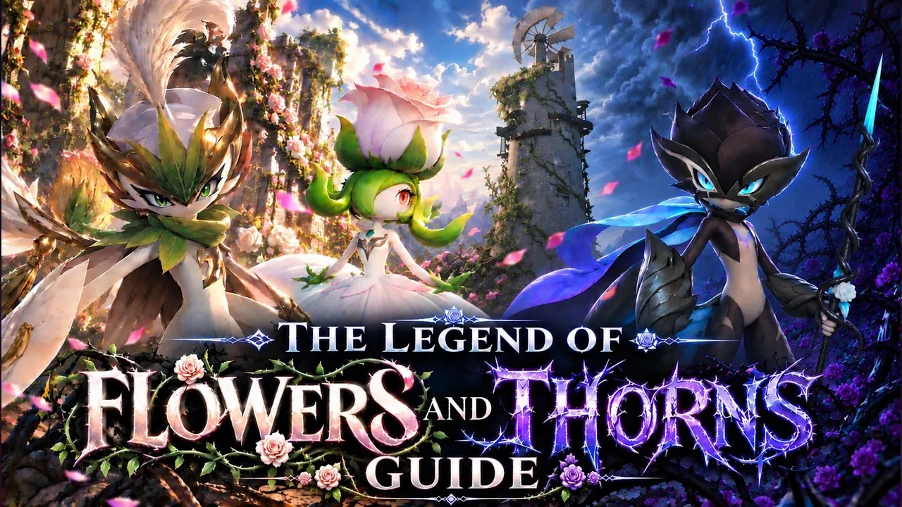 WOLF’s Legend of Flowers and Thorns Guide thumbnail for Aniimo: a white Thornblade, Melloblum in her white rose gown and a dark Thunderstorm Thornblade before Whiterose Tower