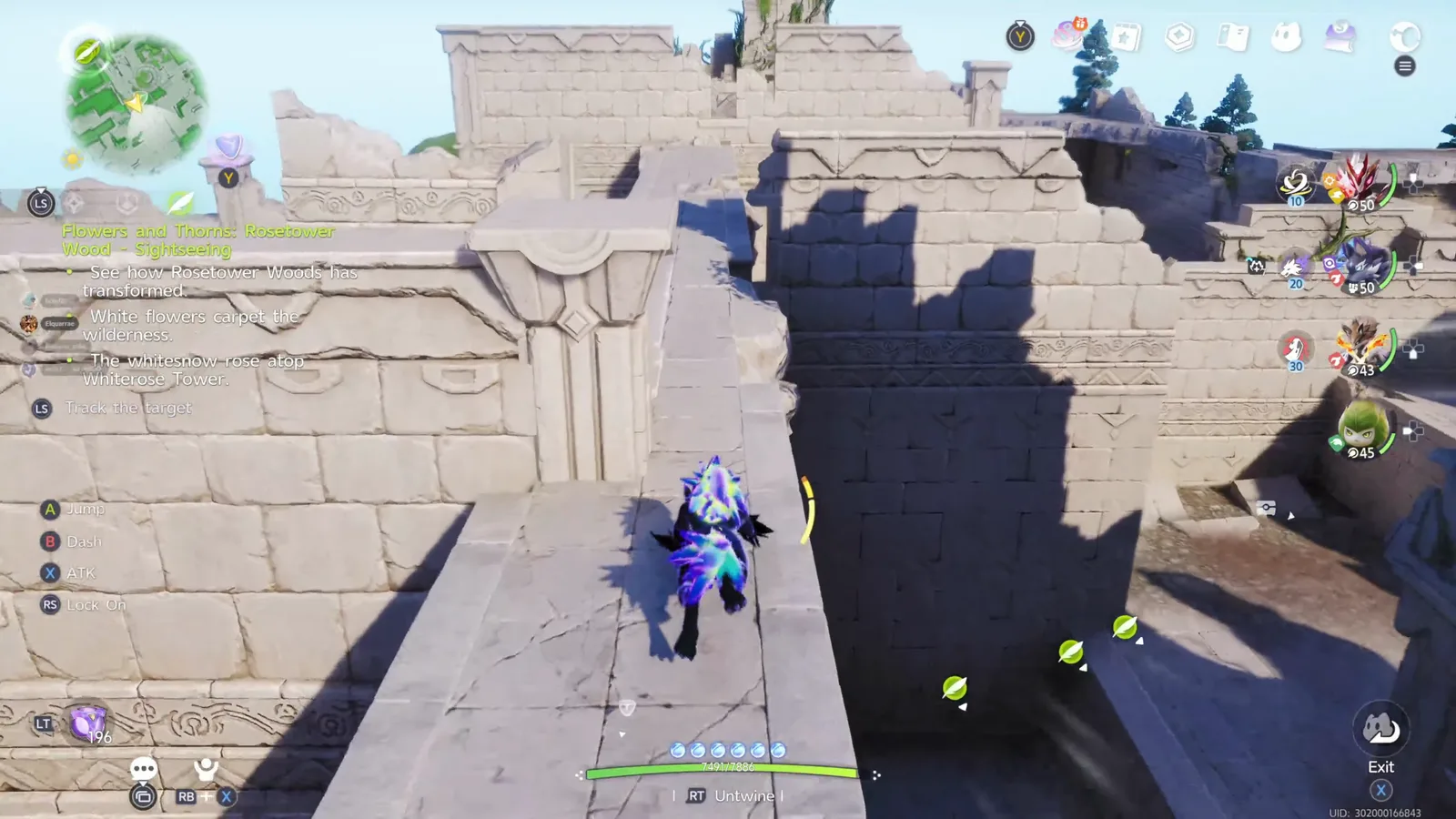 Aniimo player running along the top of a Maze of Thorns wall toward the back of the ruins, the shortcut past the patrolling Thornblades
