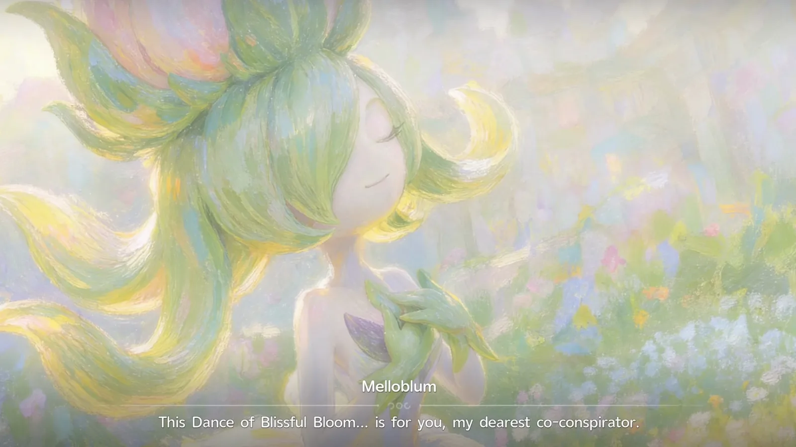 Aniimo Melloblum dancing in a painted pastel cutscene, subtitled This Dance of Blissful Bloom is for you, my dearest co-conspirator