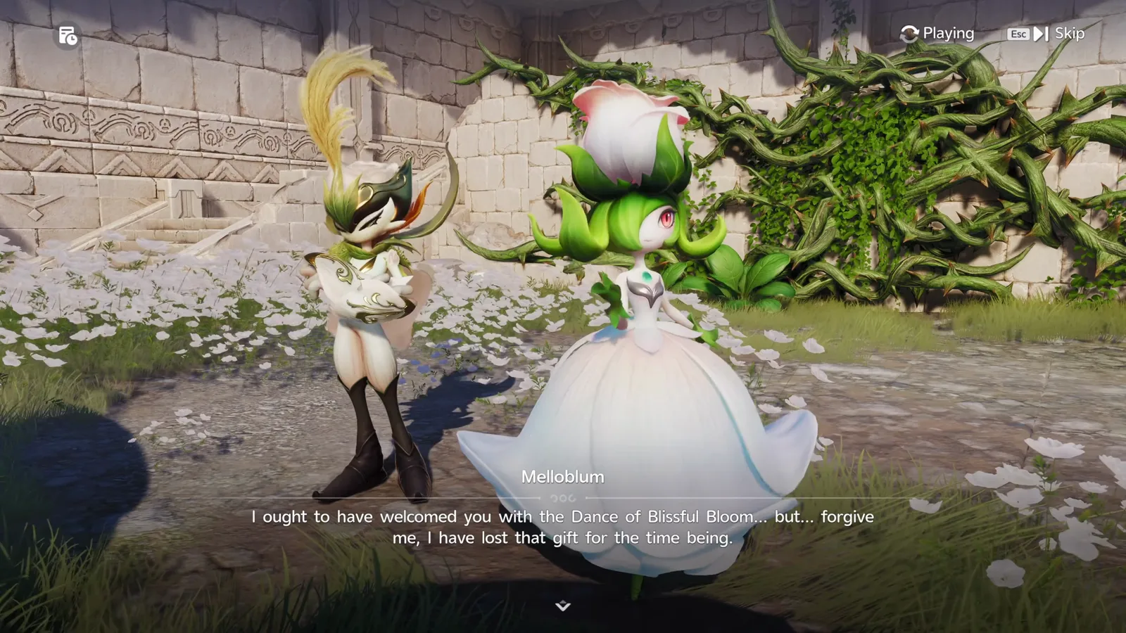 Aniimo Melloblum in her white rose gown beside the First Lethal Thorn, saying she has lost the gift of the Dance of Blissful Bloom for the time being