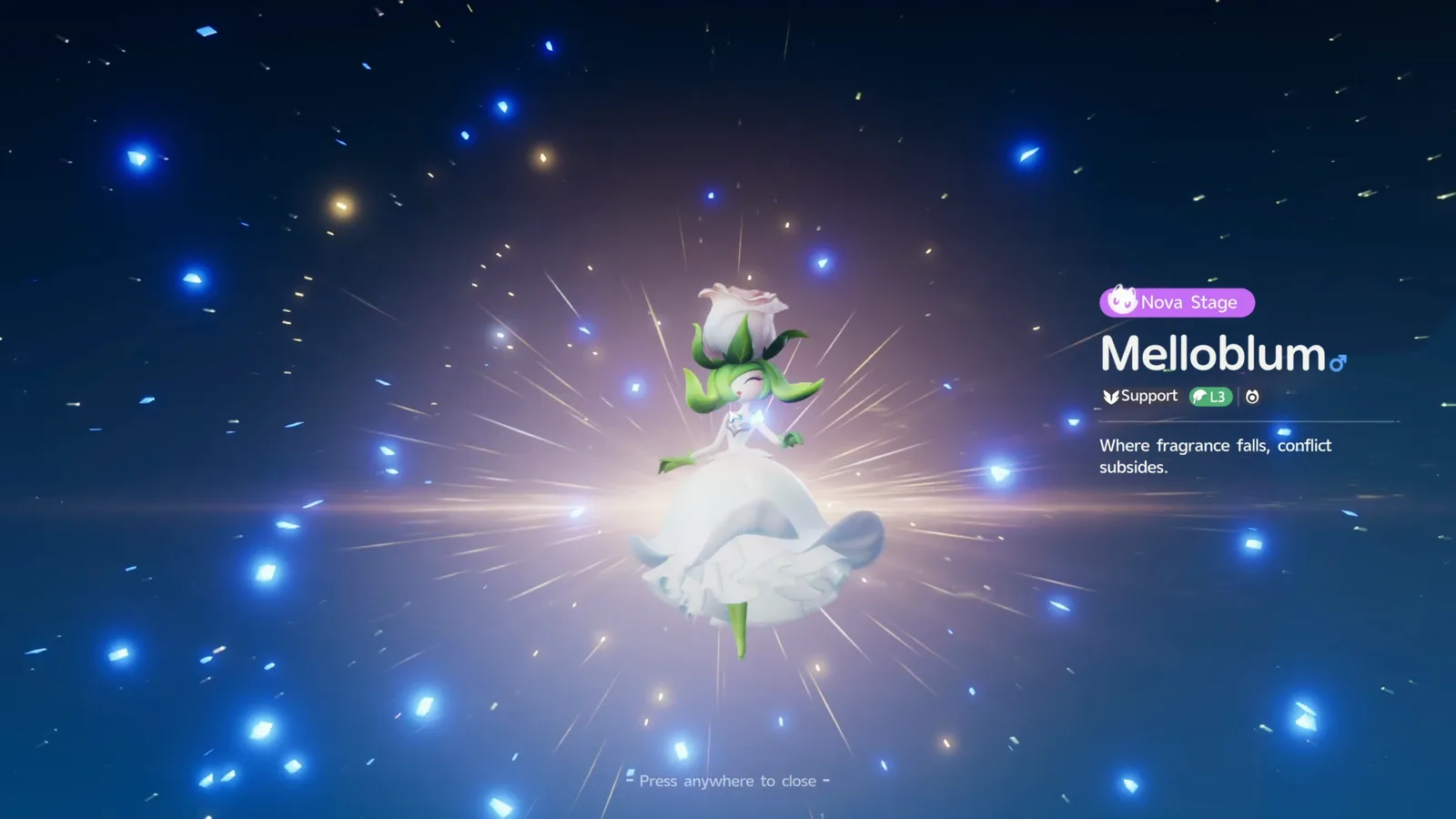 Aniimo Melloblum evolution result, a male Nova Stage Support in a white gown with the line Where fragrance falls, conflict subsides