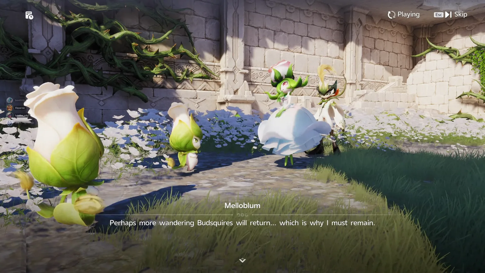 Aniimo Melloblum and the First Lethal Thorn among white flowers with returning Budsquires, Melloblum saying more wandering Budsquires may return, which is why she must remain
