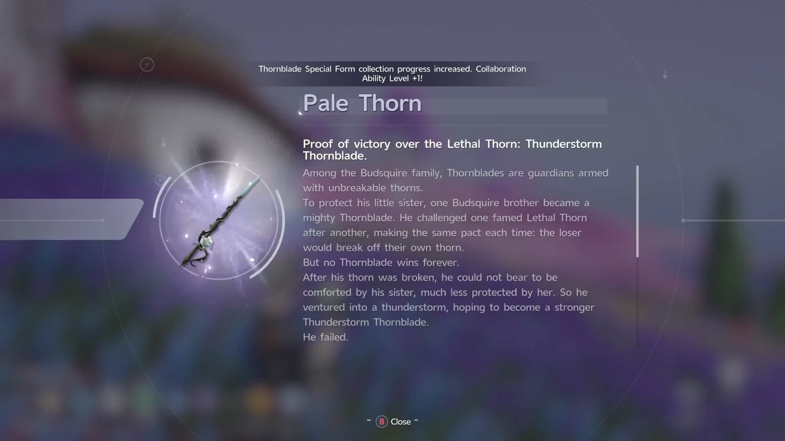 Aniimo Pale Thorn item card, Proof of victory over the Lethal Thorn: Thunderstorm Thornblade, under the banner Thornblade Special Form collection progress increased