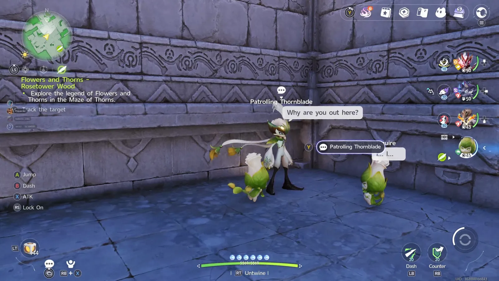 Aniimo Patrolling Thornblade asking a Budsquire why are you out here, with a Crying Budsquire beside them in a stone corridor of the Maze of Thorns