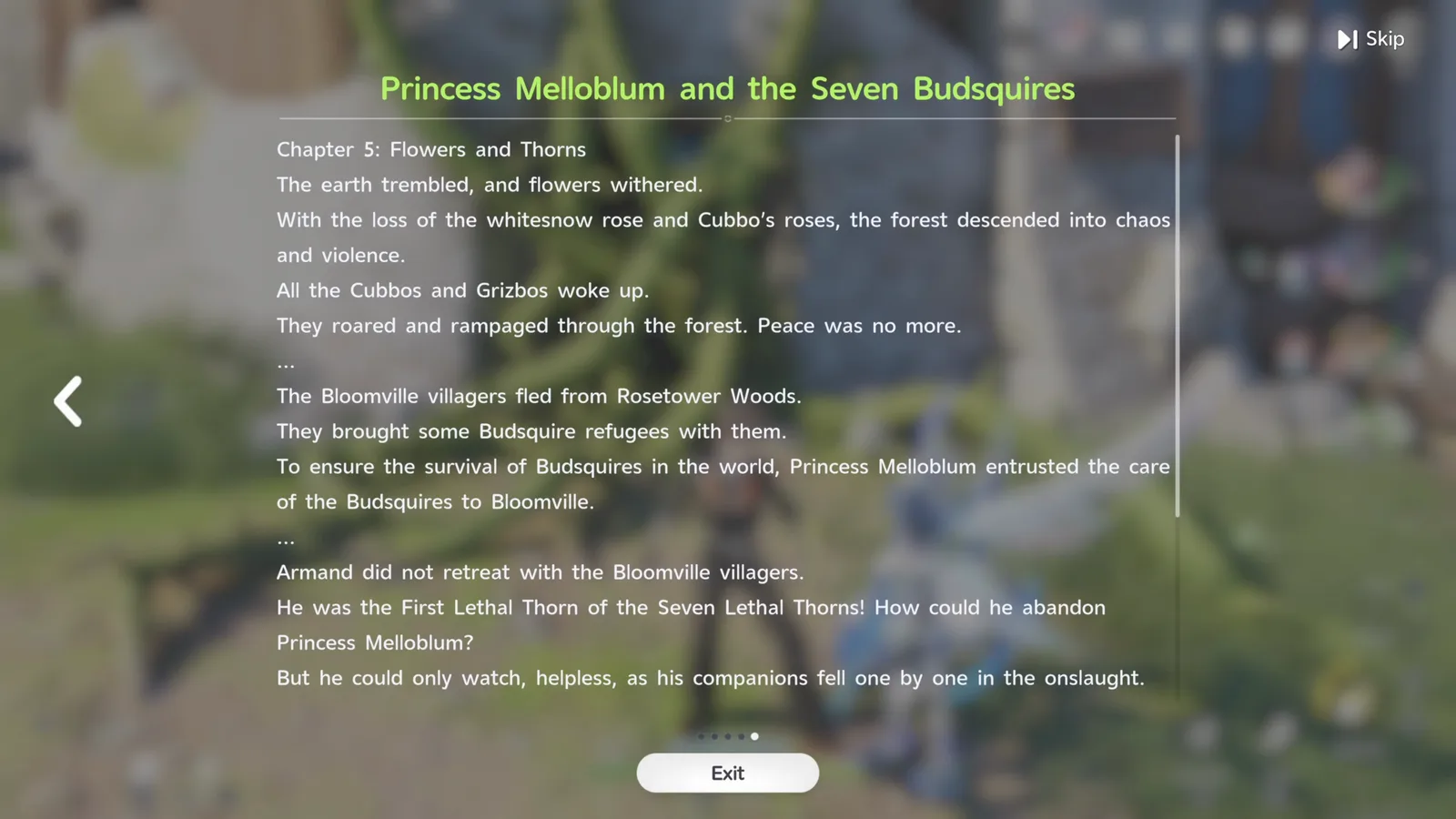 Aniimo record Princess Melloblum and the Seven Budsquires, Chapter 5: Flowers and Thorns, telling how the Bloomville villagers fled Rosetower Woods