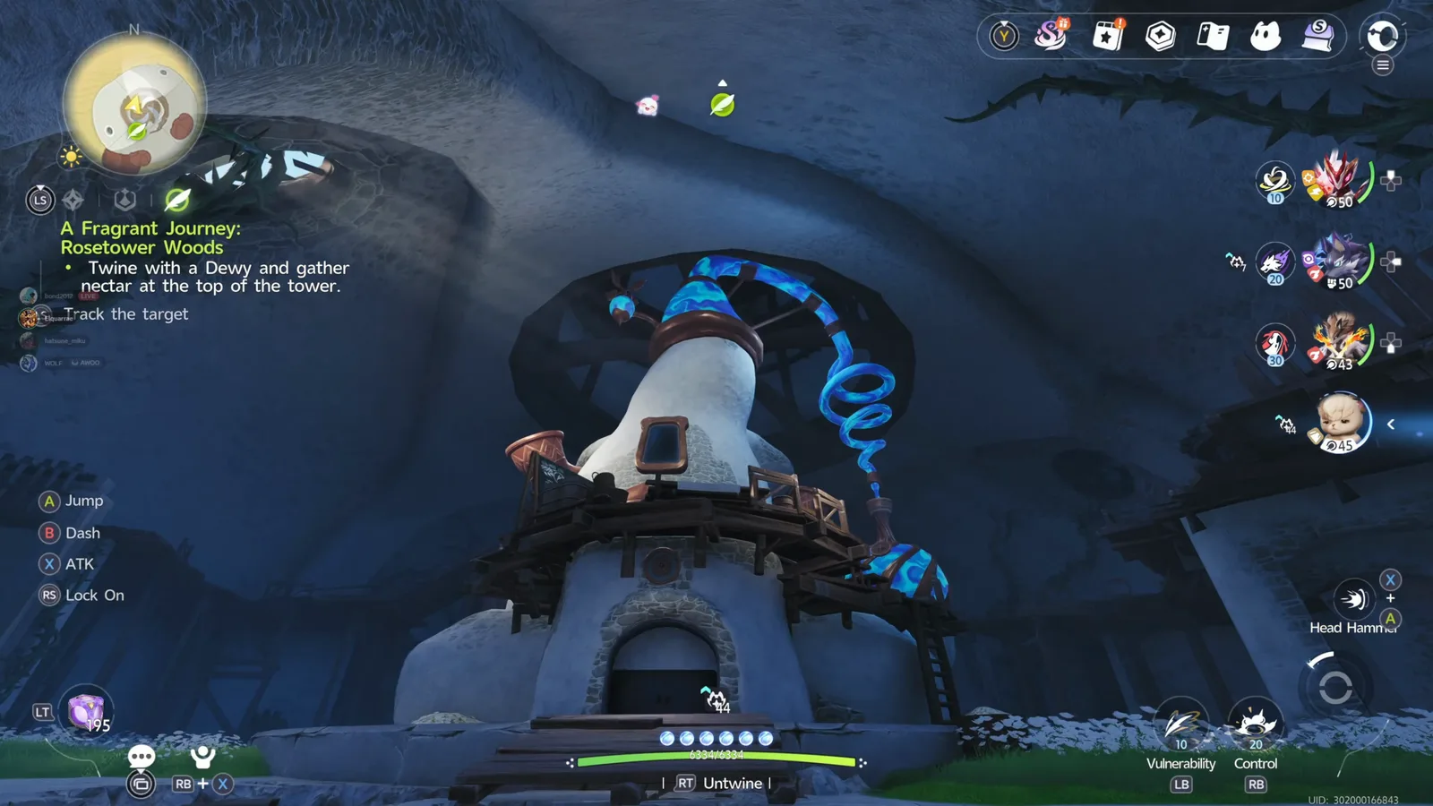 Aniimo perfume still machinery inside Whiterose Tower under blue light, with the objective Twine with a Dewy and gather nectar at the top of the tower