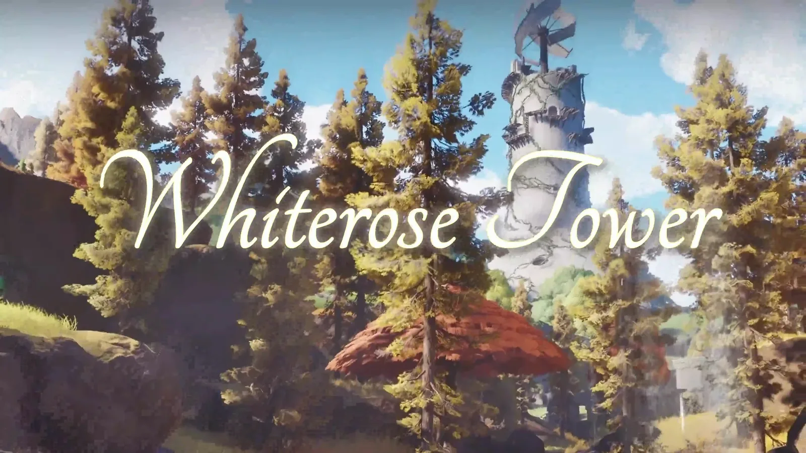 Aniimo Whiterose Tower rising over the pines of Rosetower Woods, wrapped in thorn vines under a windmill top, in WOLF’s opening title card
