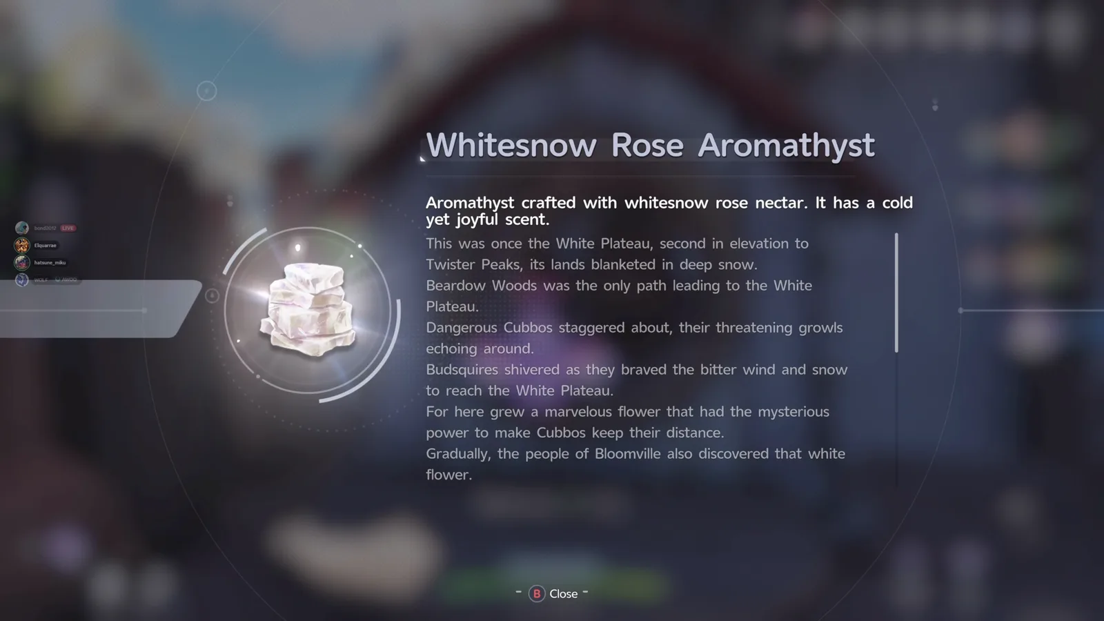Aniimo Whitesnow Rose Aromathyst item card, aromathyst crafted with whitesnow rose nectar with a cold yet joyful scent, and its White Plateau lore