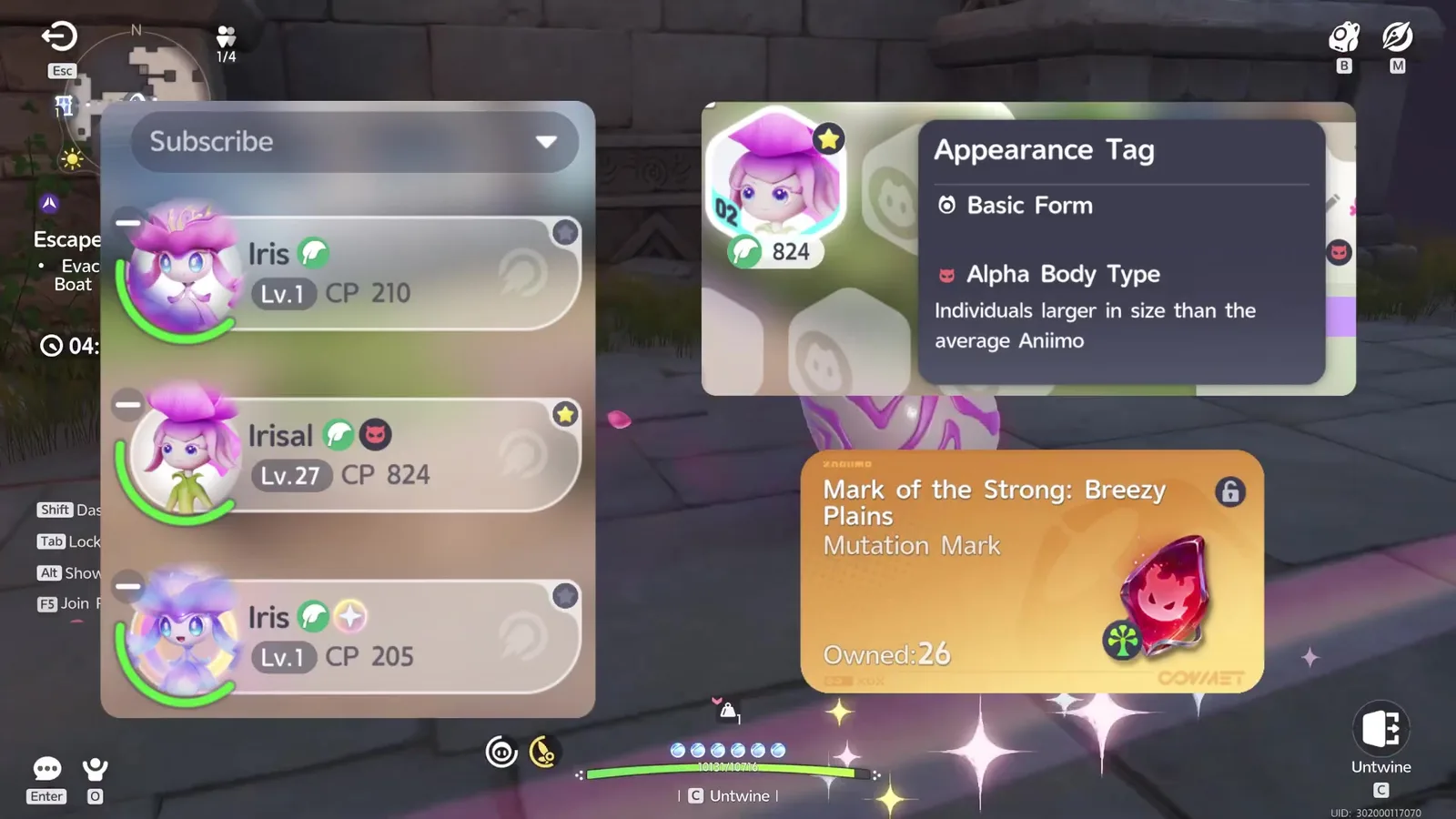 Aniimo squad panel with Iris, Irisal and Iris, and the Appearance Tag of the Alpha Irisal at CP 824 reading Alpha Body Type, larger than average
