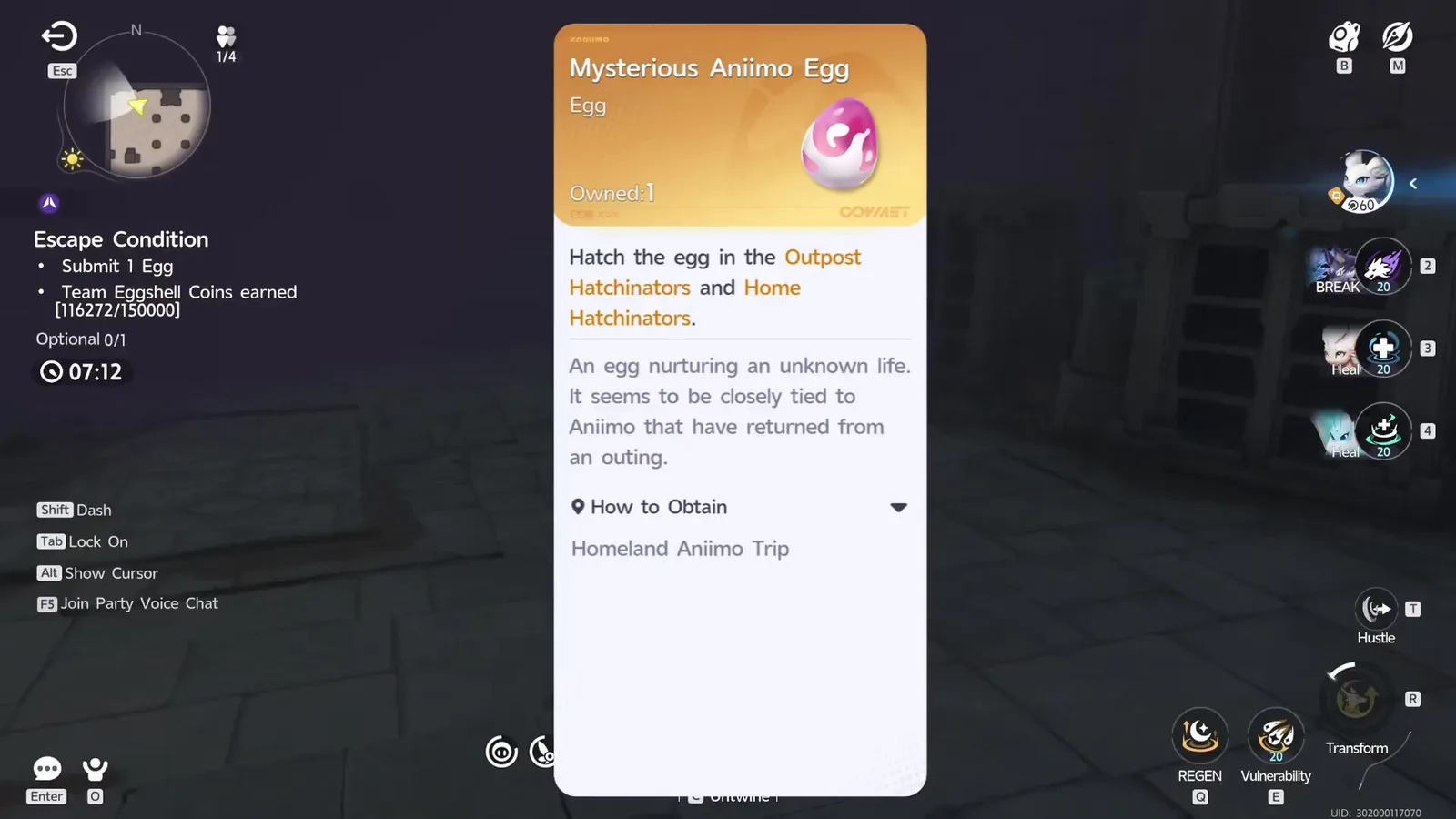 Aniimo Mysterious Aniimo Egg item card, Owned 1: hatch it in the Outpost or Home Hatchinators, How to Obtain Homeland Aniimo Trip