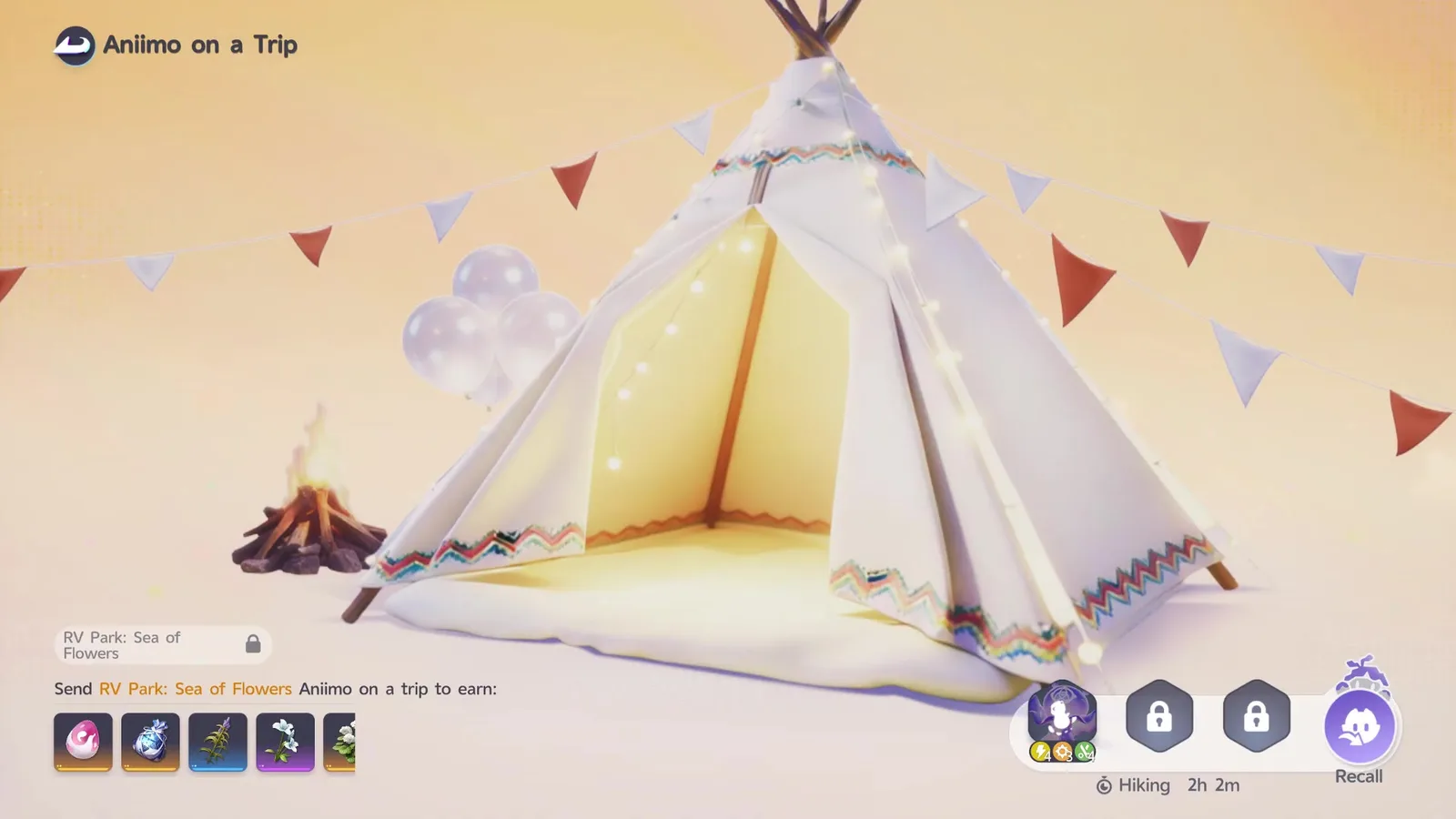 Aniimo on a Trip screen for RV Park: Sea of Flowers, one Aniimo in the first slot, two locked slots, Hiking 2h 2m and a Recall button