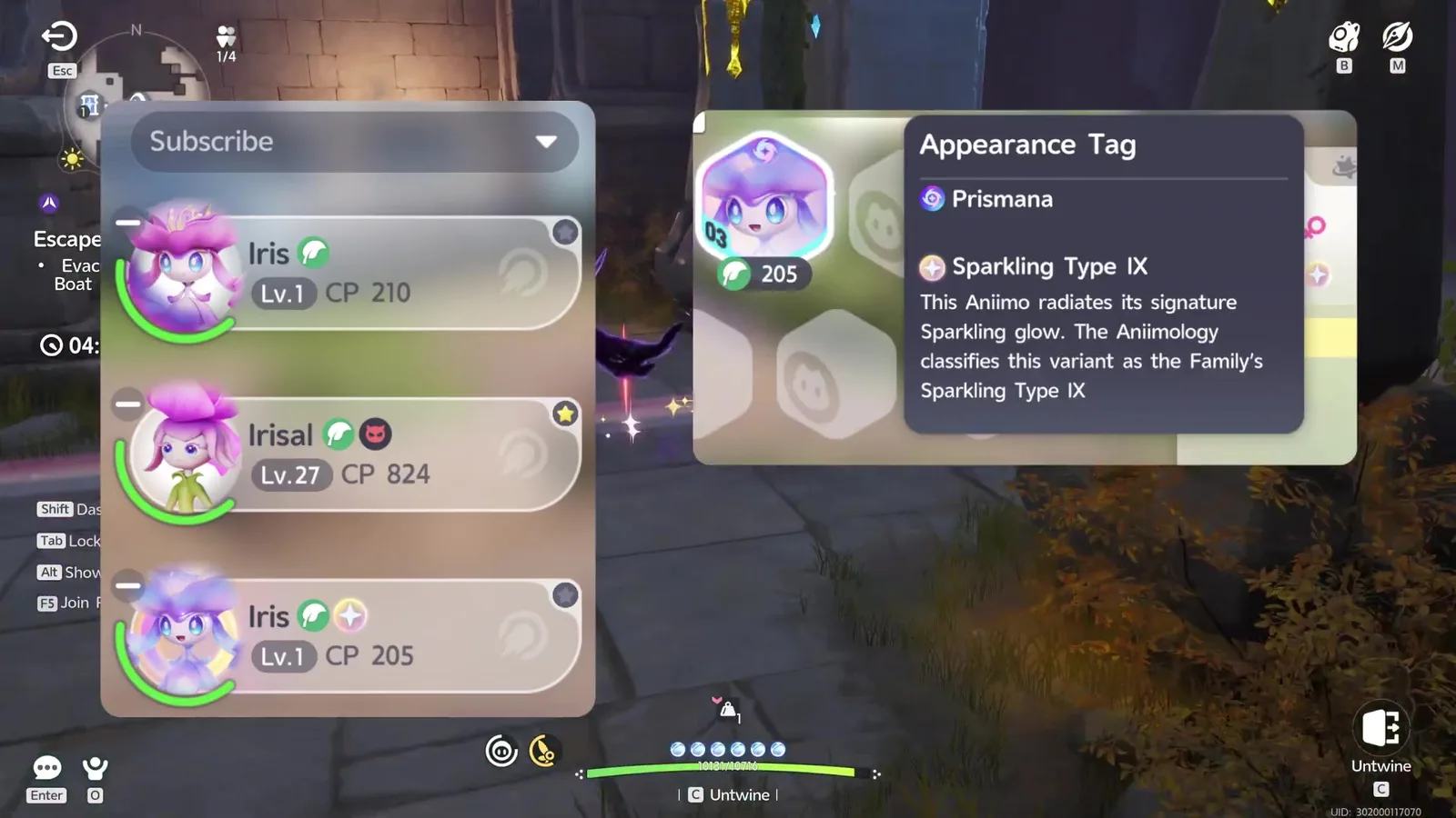 Aniimo Appearance Tag for a Prismana Iris at CP 205 with Sparkling Type IX, the family’s ninth Sparkling type, in Klepto’s squad panel