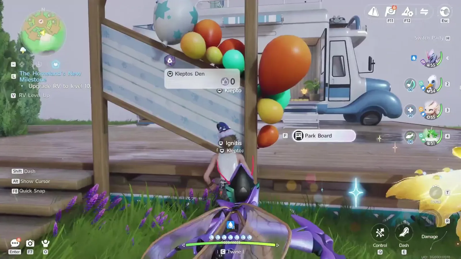 Aniimo RV Park platform named Klepto’s Den with the Park Board prompt beside the RV, balloons and a slide on the camping deck