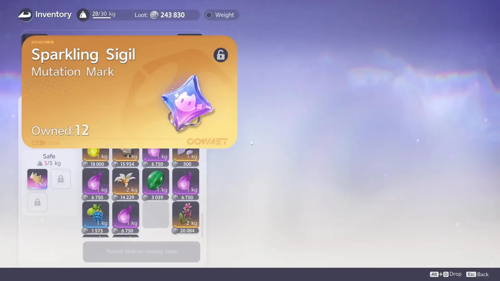 Aniimo Sparkling Sigil item card, Mutation Mark, Owned 12, the reward for reporting a Sparkling Aniimo at the outpost