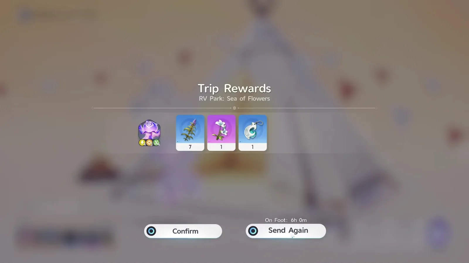 Aniimo Trip Rewards screen for RV Park: Sea of Flowers with seven plants, one flower and one Carried Item, and a Send Again button reading On Foot: 6h 0m