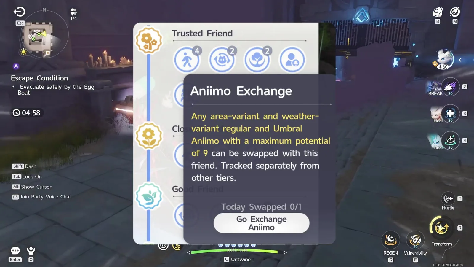 Aniimo Trusted Friend affinity tier with the Aniimo Exchange rule for area-variant, weather-variant and Umbral Aniimo up to potential 9, Today Swapped 0/1
