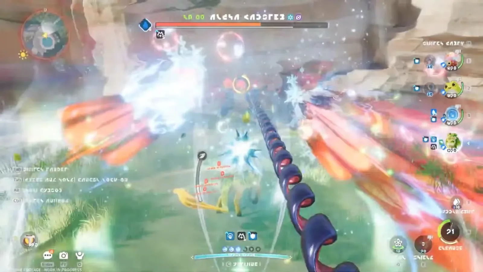 Aniimo Alpha fight in the Season 1 Part 2 trailer: ice and fire skills hit a boss whose scrambled bar title starts like Alpha, squad of four on the right