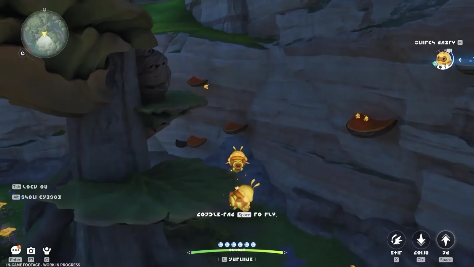 Aniimo bee Aniimo flying up a cliff gorge at night with a Space to fly prompt and fly up, fly down buttons on Space and Ctrl