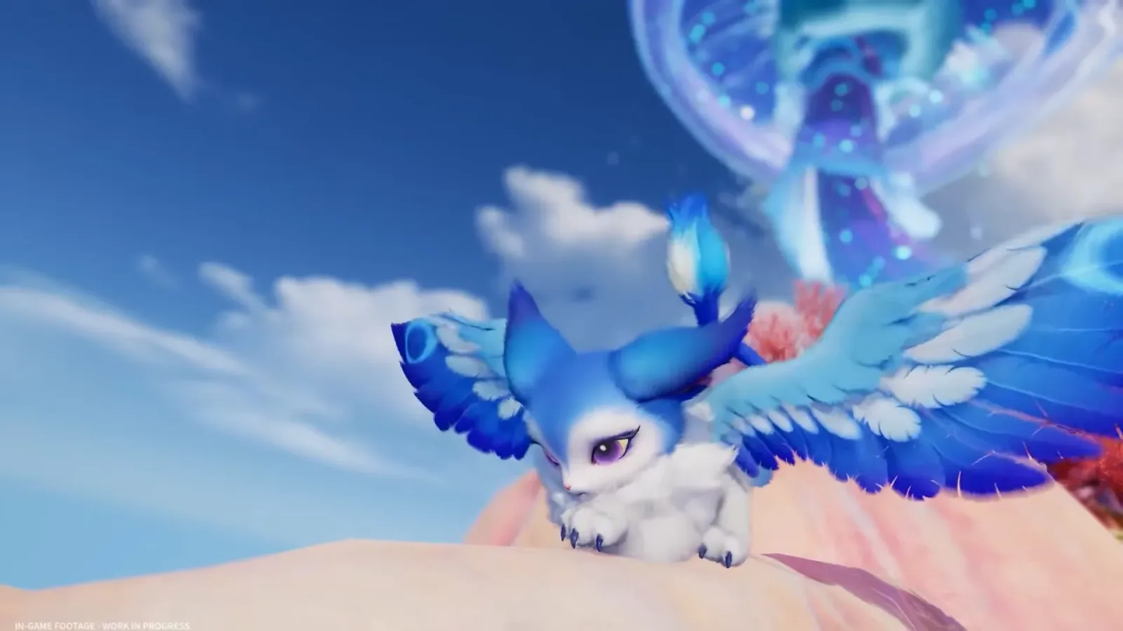 Aniimo blue and white winged cat Aniimo with purple eyes crouched on pink rock, the same build as the Prismana Hypnyto art