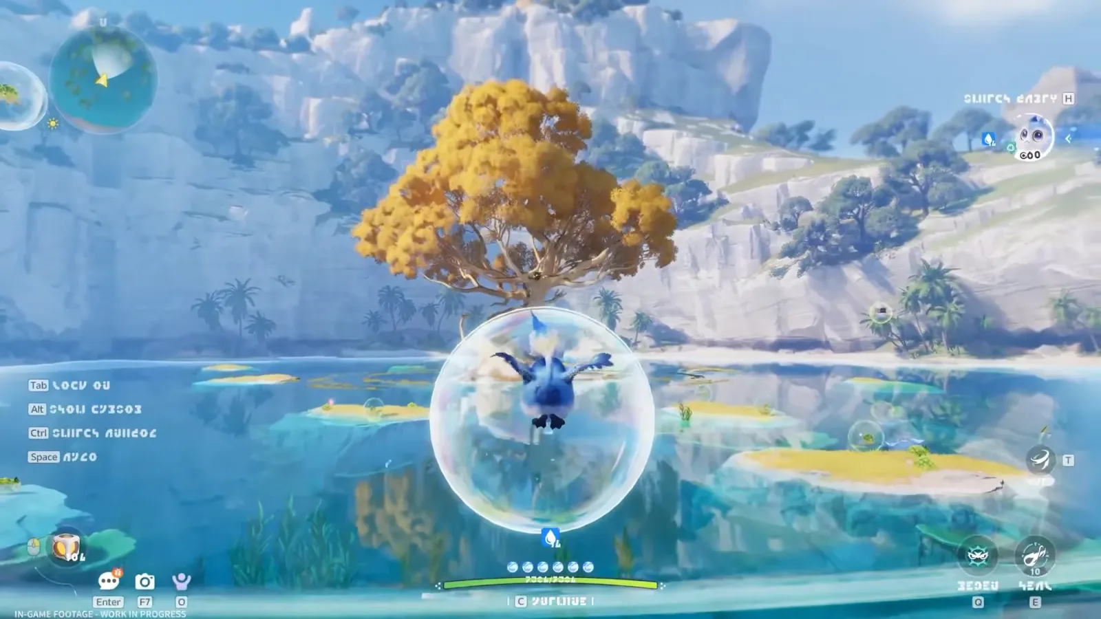 Aniimo Bubble Drift in the Season 1 Part 2 trailer: a blue bird Aniimo inside a bubble over a turquoise lagoon with a yellow tree