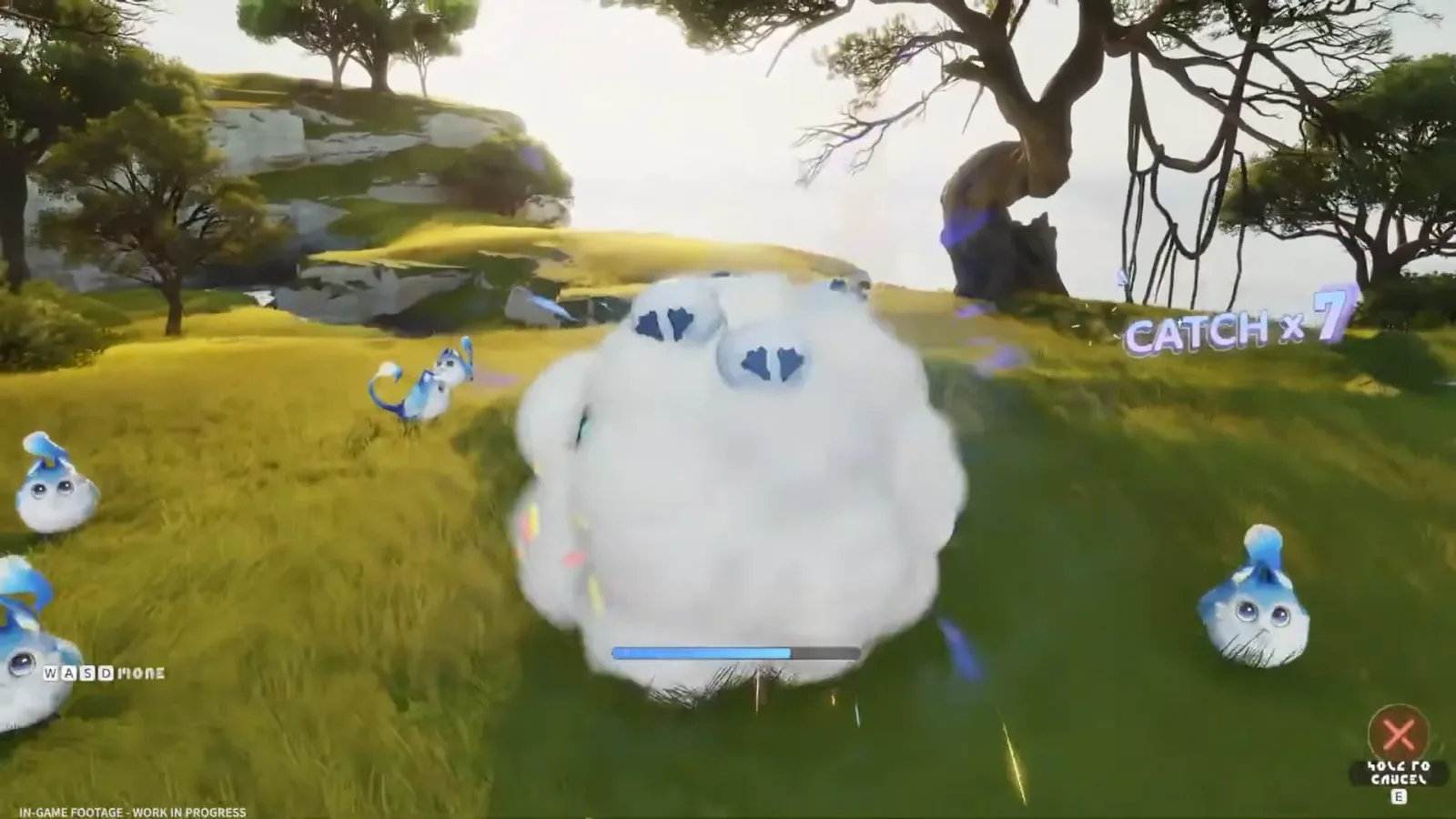 Aniimo CATCH x7 banner over a meadow as a giant cloud rolls up seven small cloud Aniimo, with WASD Move and Hold to cancel prompts