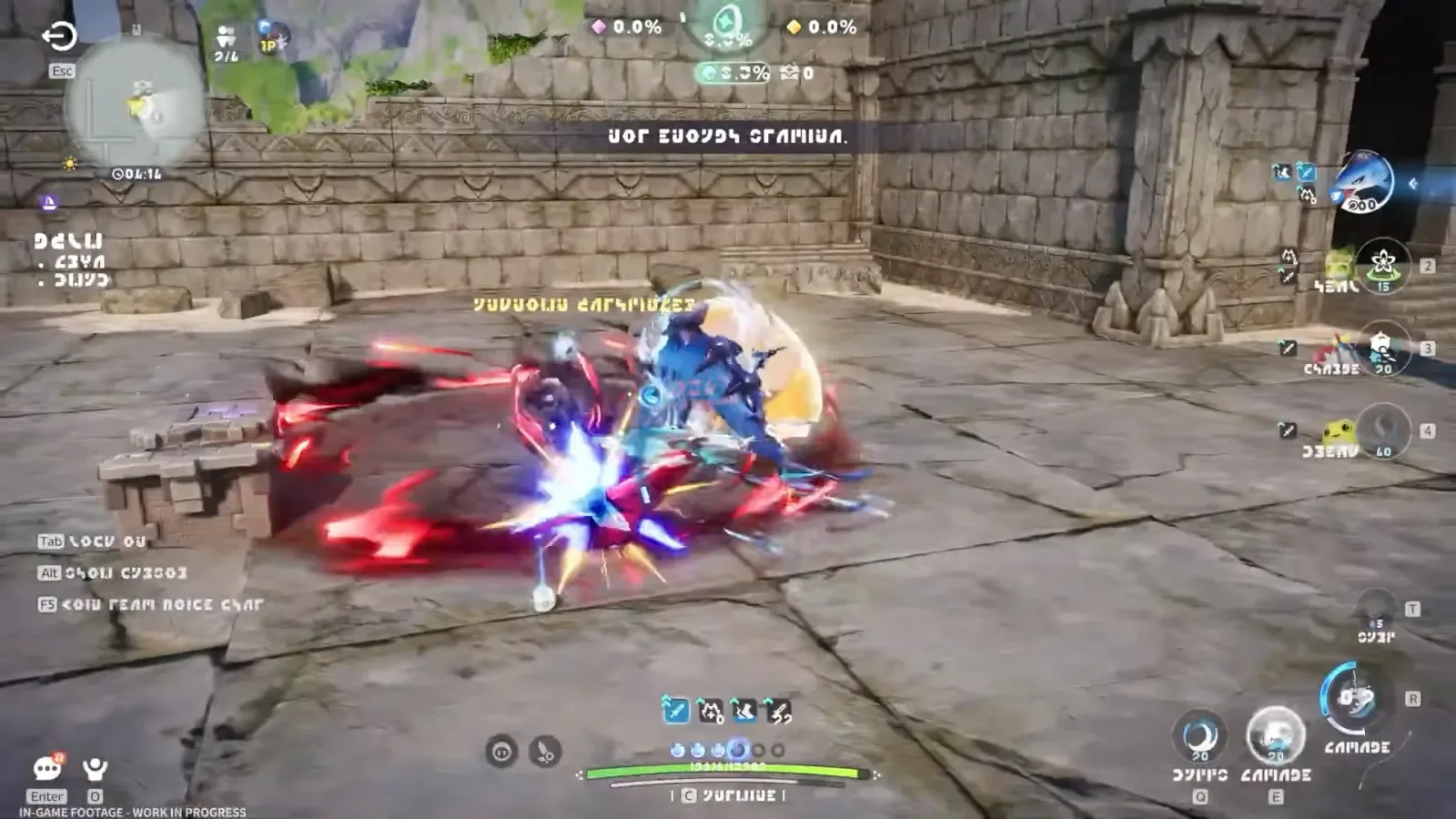 Aniimo Egg Heist in the Season 1 Part 2 trailer: a purple and a gold 0.0% score at the top, a 04:14 timer and a fight in temple ruins