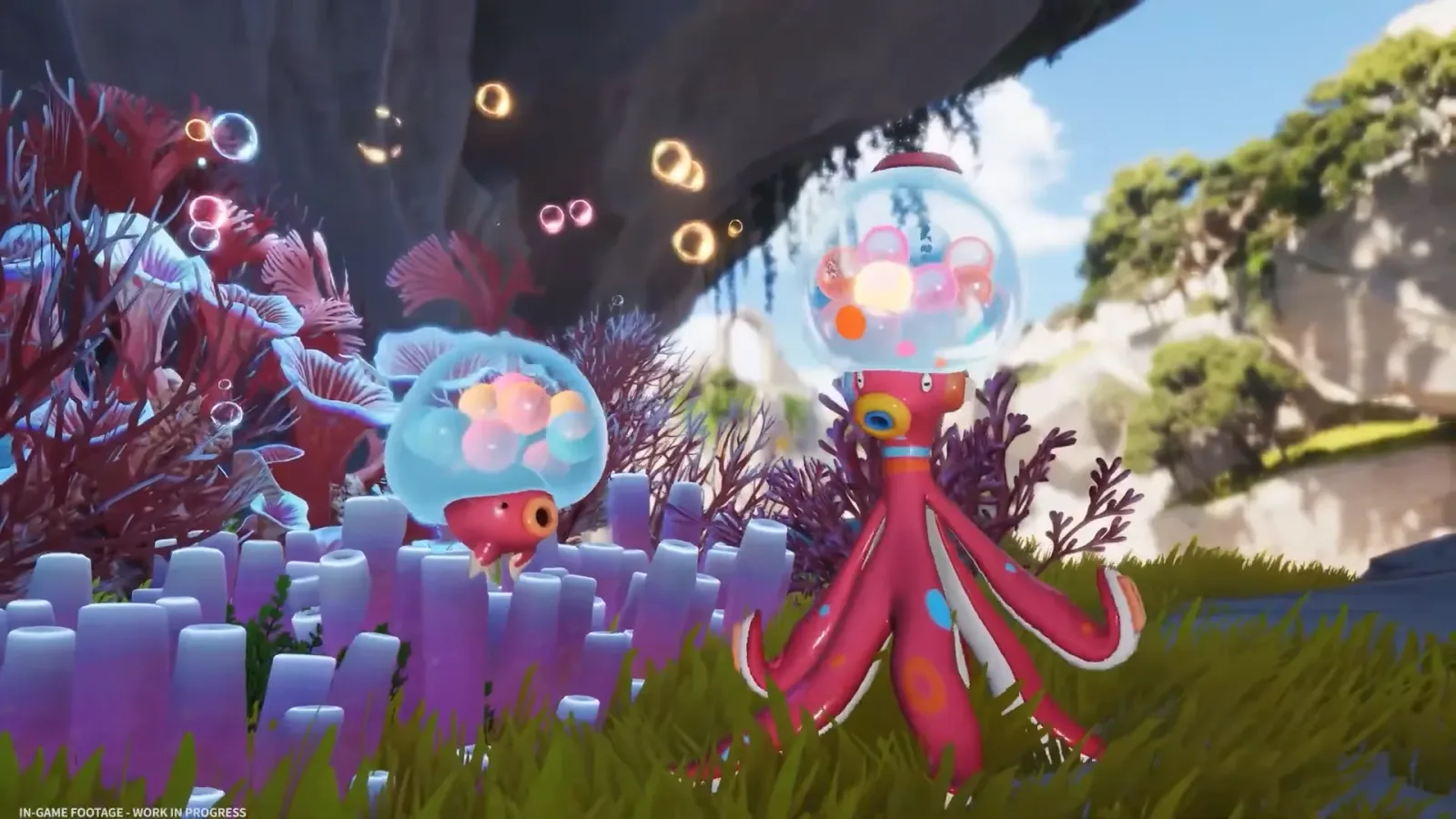 Aniimo Gachapus, a red octopus with a glass gacha dome full of coloured balls, beside the smaller Popapus in a purple coral garden