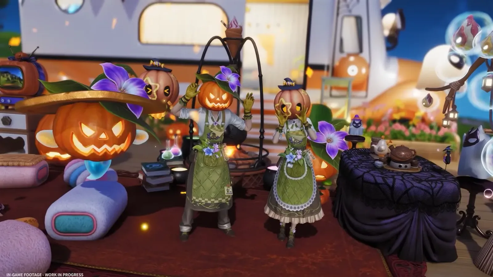 Aniimo Halloween RV in the Season 1 Part 2 trailer: two Pathfinders in pumpkin-head outfits and green aprons beside jack-o’-lanterns and potions