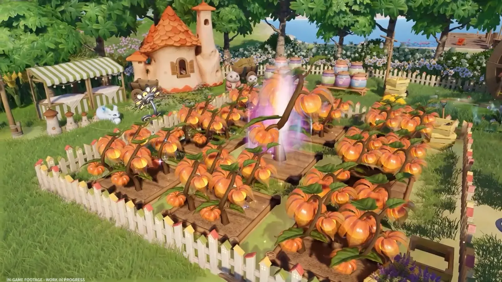 Aniimo Homeland pumpkin field in the Season 1 Part 2 trailer: rows of glowing orange pumpkin crops behind a white picket fence and a cottage