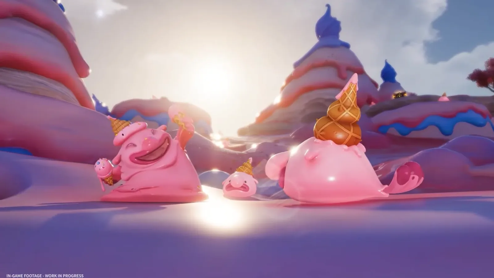 Aniimo ice cream Aniimo, pink blob creatures wearing waffle cones, laughing in a candy land of pink and blue cream hills