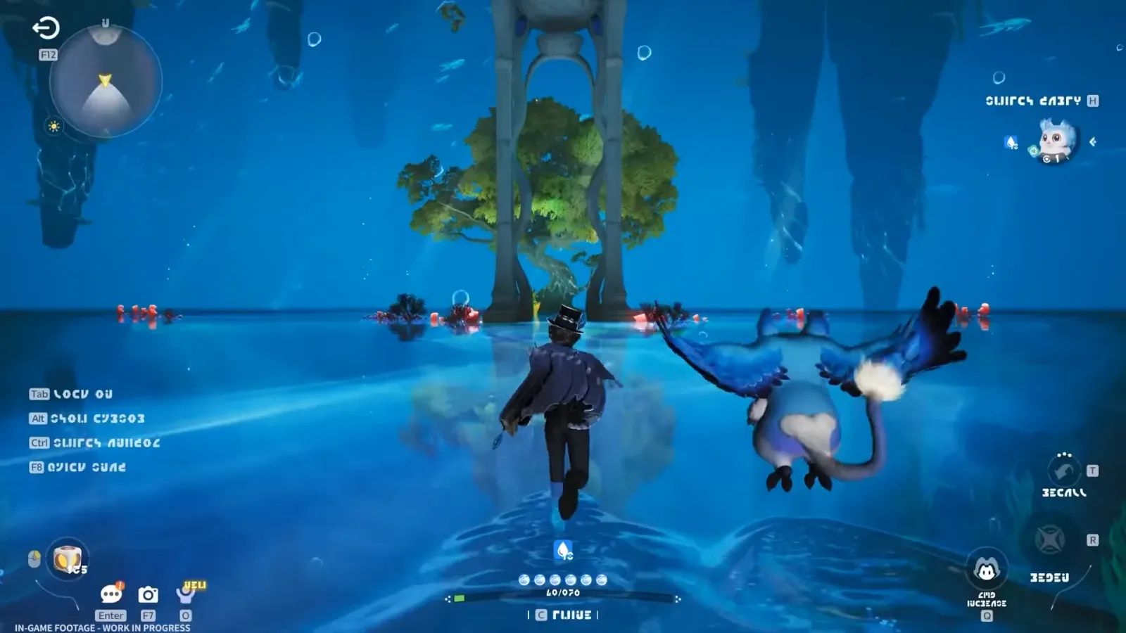 Aniimo Pathfinder in a top hat running across deep blue water beside a blue winged Aniimo, with a water-drop icon above the stamina bar