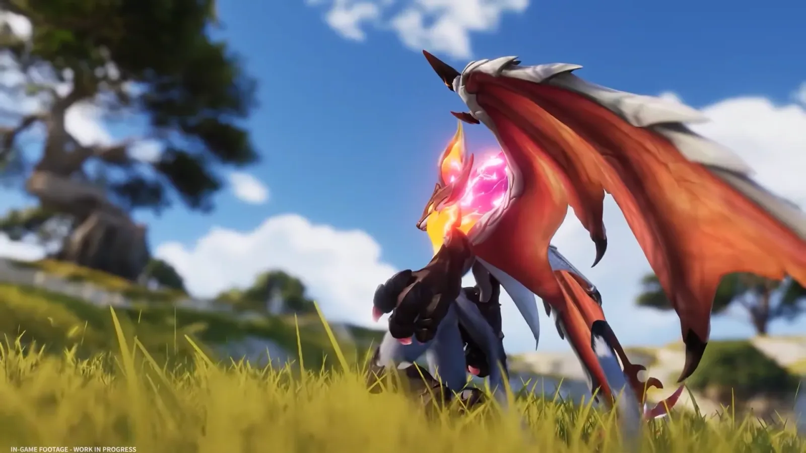 Aniimo Prismana Ekrim in game, a white dragon with red bat wings and a glowing pink and gold flame on its chest, on a grassy hill