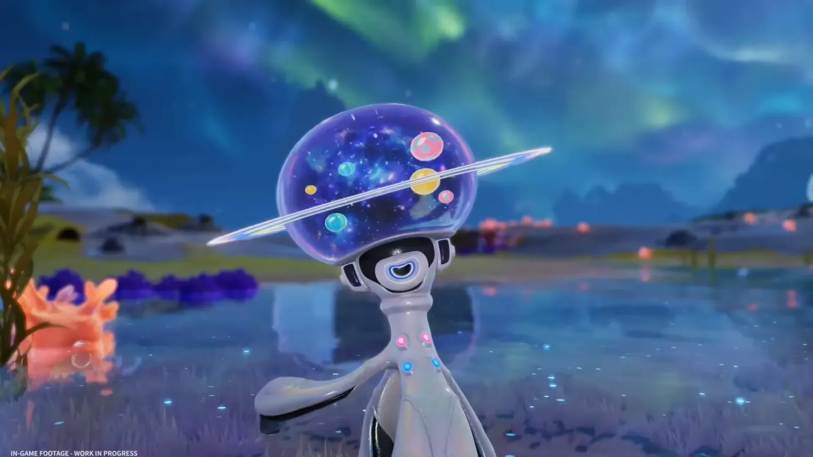 Aniimo Prismana Gachapus in game, a silver octopus with a galaxy glass dome and a planet ring, under green aurora by a shore