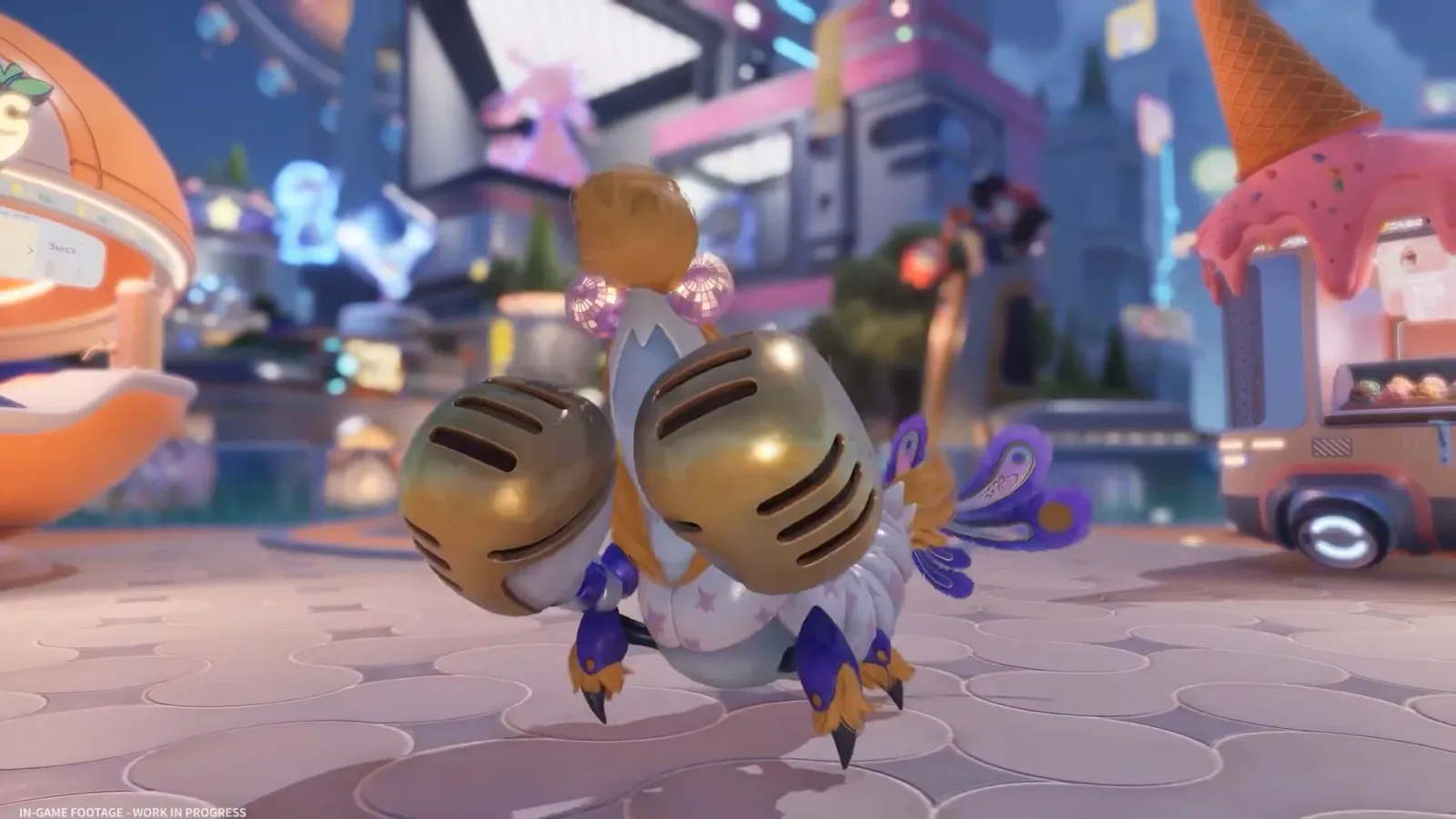 Aniimo Prismana Jabster in game, a white lobster with two gold boxing glove claws and disco ball eyes, in a city square with an ice cream stall
