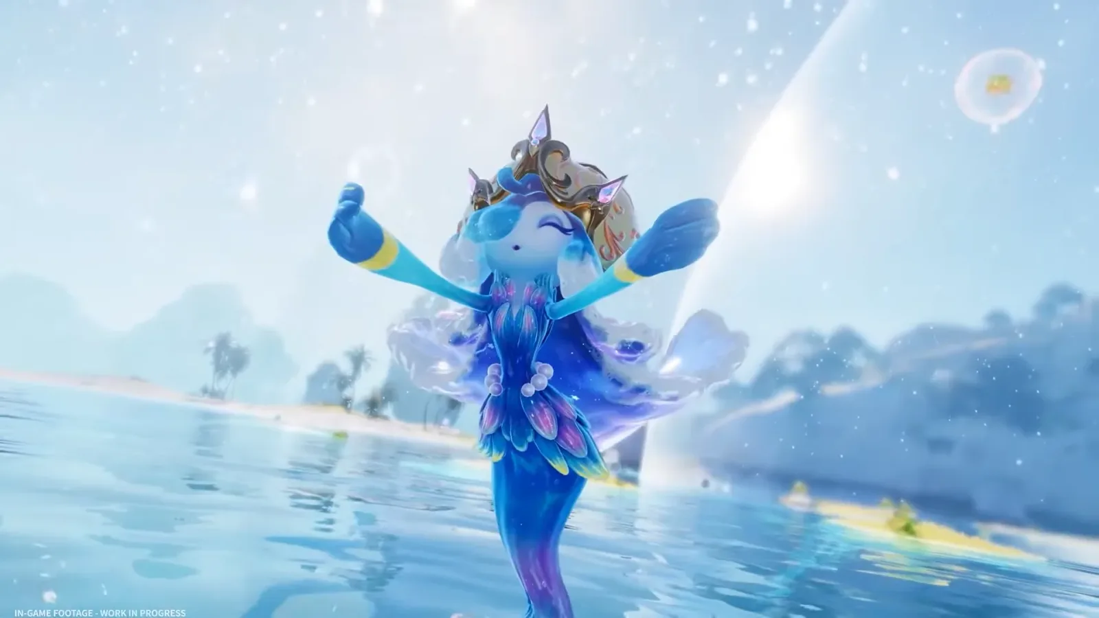 Aniimo Prismana Sugartini in game, a blue jellyfish dancer with a gold crown and a pearl belt, rising out of the sea with arms raised