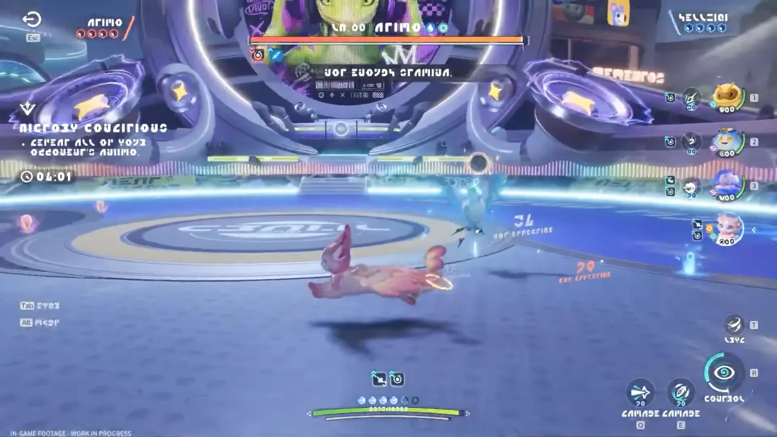 Aniimo PvP arena in the Season 1 Part 2 trailer: two player names with four pips each, a 04:01 countdown, an objective line and a squad of four