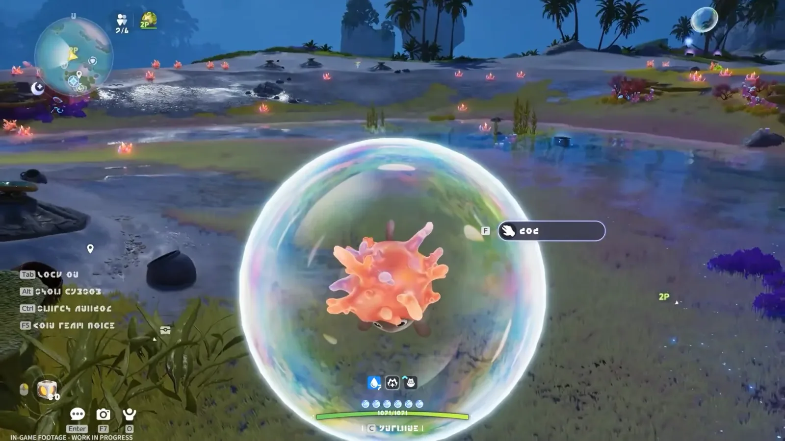 Aniimo coral Aniimo of the Reefish line floating inside a rainbow bubble on a Whisperwake beach at night, with an F prompt and a 2P co-op marker