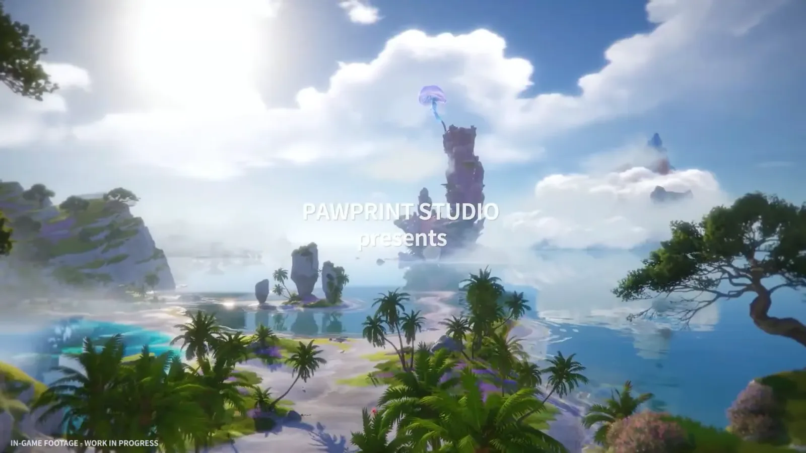 Aniimo Season 1 Part 2 trailer opening: a PAWPRINT STUDIO presents card over palm islands, sea stacks and a jellyfish spire