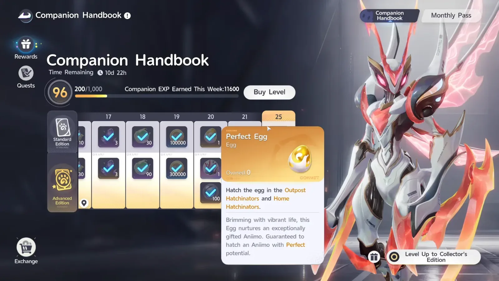 Aniimo Companion Handbook at level 96 with 10d 22h remaining, the Perfect Egg card open: guaranteed to hatch an Aniimo with Perfect potential