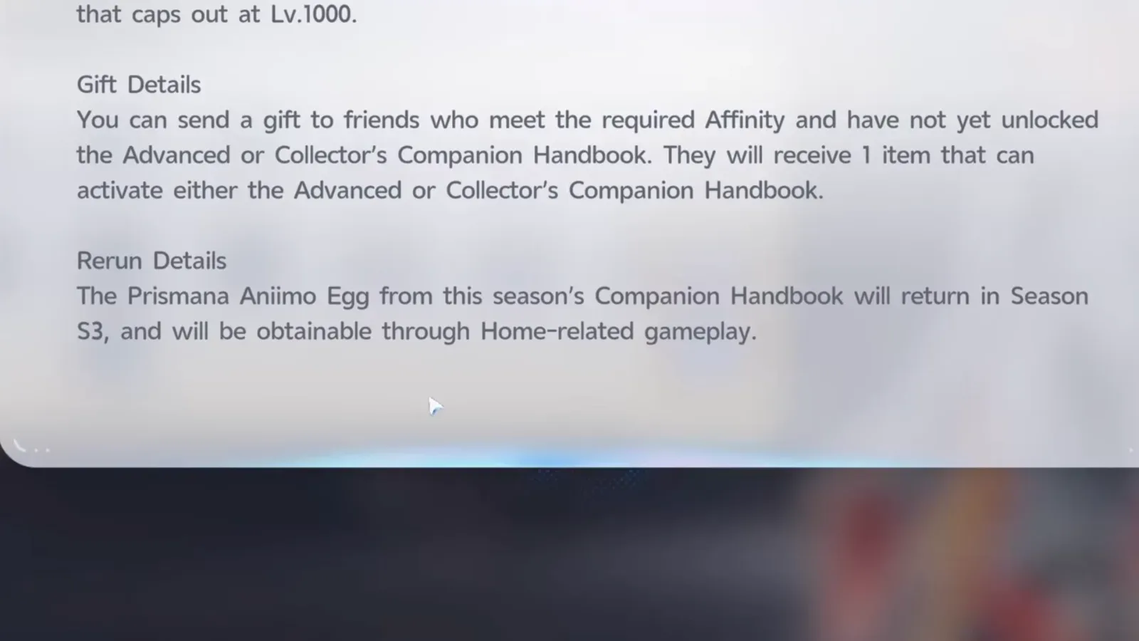 Aniimo Companion Handbook rules: the Prismana Aniimo Egg from this season’s Companion Handbook will return in Season S3 through Home-related gameplay
