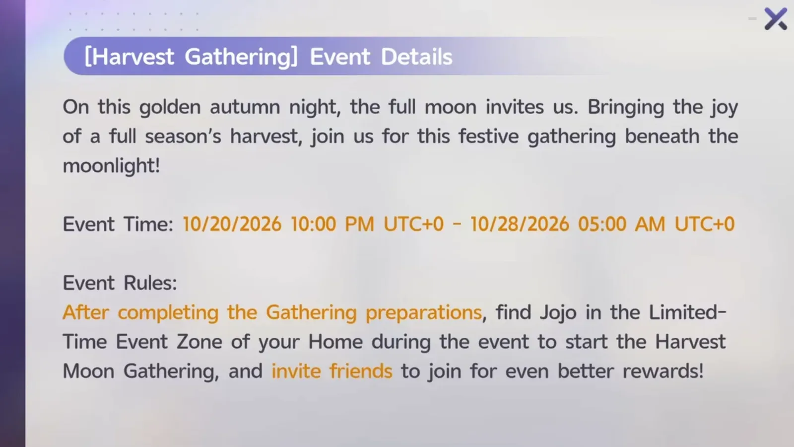 Aniimo Harvest Gathering Event Details panel: Event Time 10/20/2026 10:00 PM to 10/28/2026 05:00 AM, start the Harvest Moon Gathering with Jojo