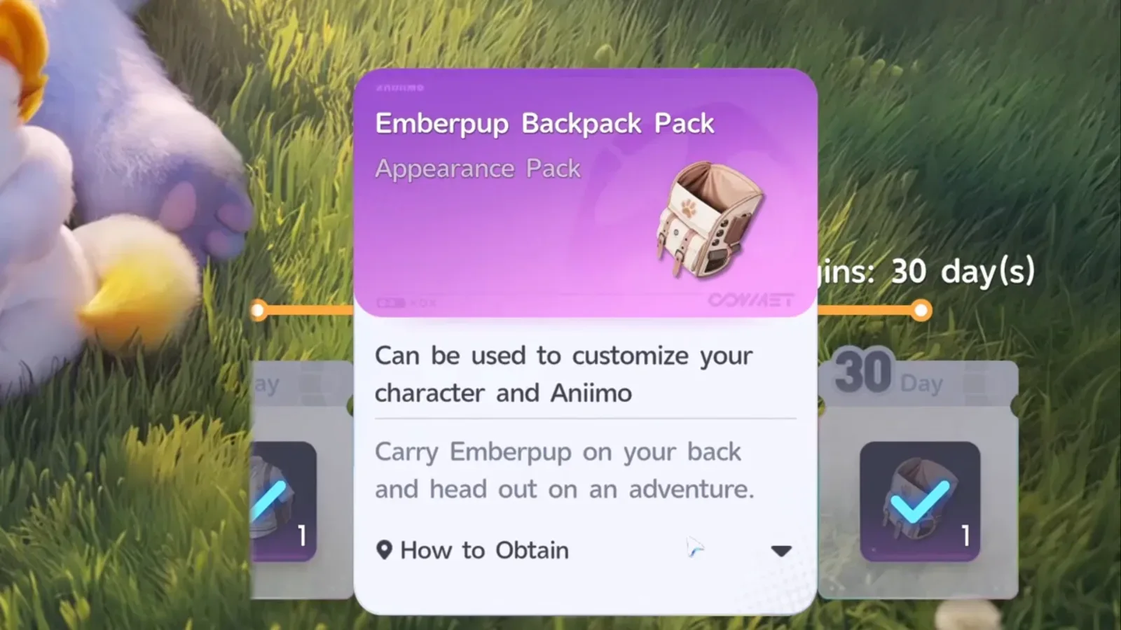 Aniimo Journey Handbook reward card for the Emberpup Backpack Pack, an Appearance Pack, at Total Logins 30 days