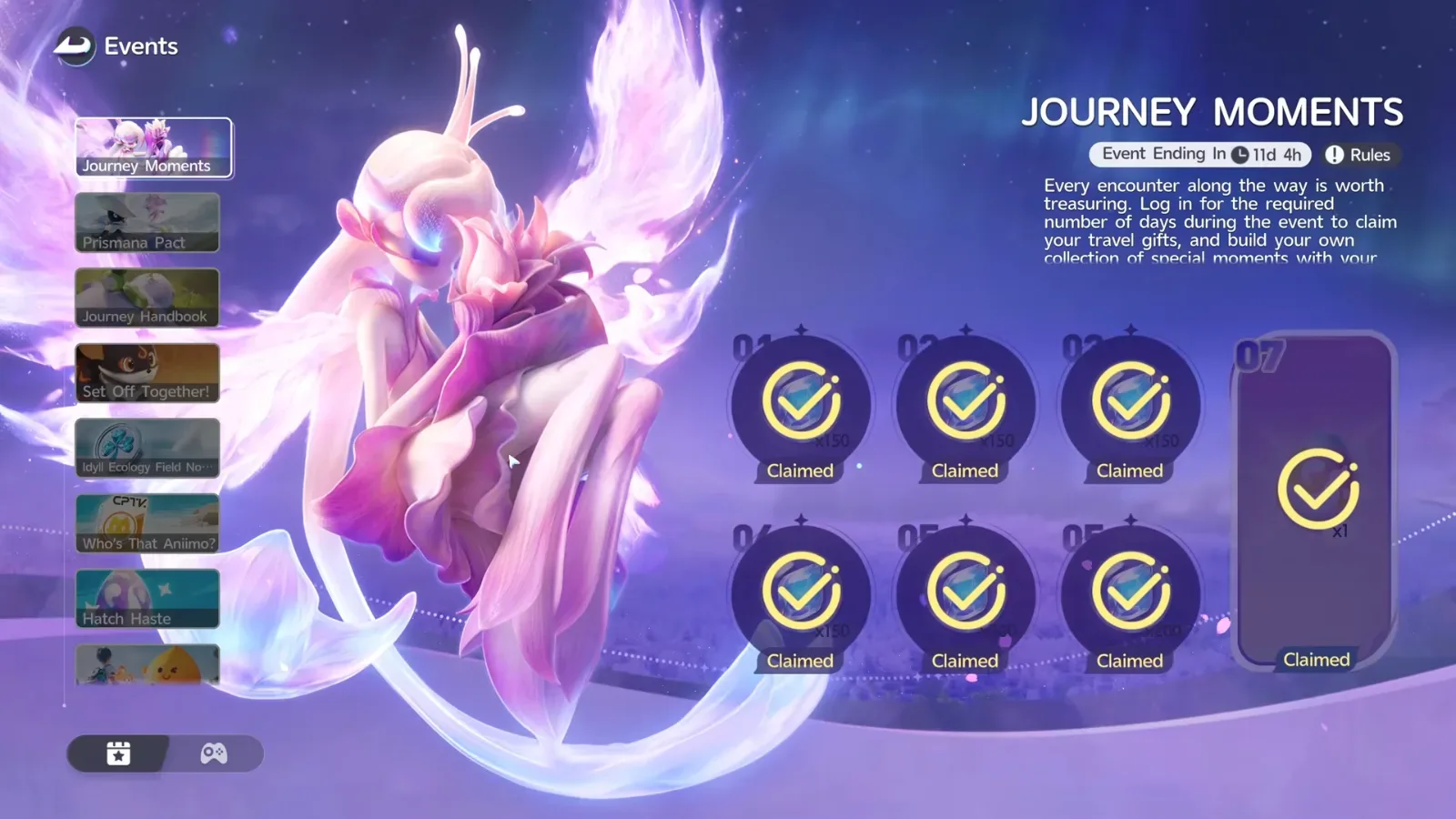 Aniimo Journey Moments event with all seven login rewards marked Claimed and an Event Ending In 11d 4h timer